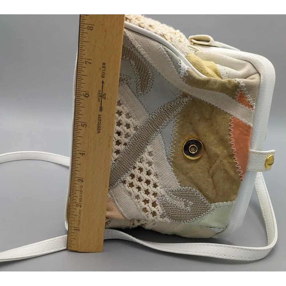 Vtg 80s White Pastel Patchwork Purse Leather Crochet‎ Shoulder Handbag Crossbody